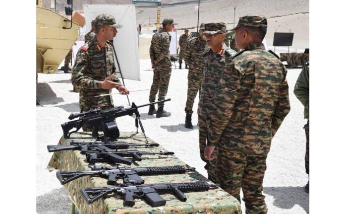 Northern Command Lt. Gen. MV Suchindra Kumar visiting the Prashu Warriors Brigade and Uniform Force deployed along the Line of Actual Control to review the operational preparedness in Ladakh on Saturday.