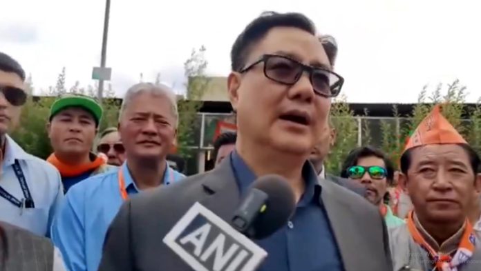 Union Minister Kiren Rijiju speaking to media persons in Leh on Saturday.