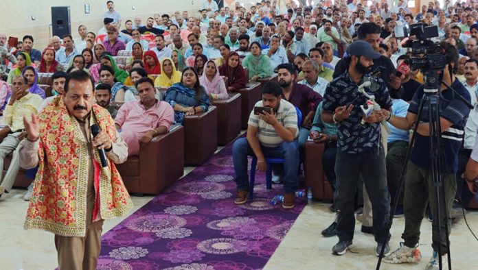 Union Minister Dr Jitendra Singh addressing a public meeting at Udhampur on Sunday.