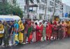 Yatris waiting in a long queue at Saraswati Dham near Railway Station Jammu for registration on Saturday. — Excelsior/Rakesh