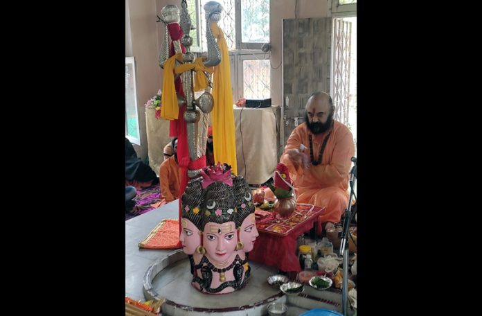 Mahant Deependra Giri Ji performing Pooja at Amreshwar Temple Srinagar on Monday