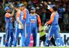 Team India celebrating after defeating Sri Lanka in Ist T20I match at Pallekele on Saturday.