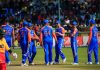 Indian team celebrating after taking wicket against Zimbabwe on Wednesday.