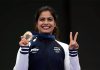 Manu Bhaker showing victory sign after winning bronze medal in 10m Air Rifle Shooting.