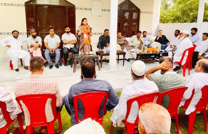 BJP district president Jammu South, Rekha Mahajan addressing a ST Morcha programme at Bhatindi on Monday.