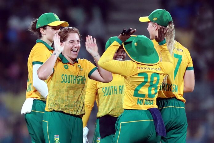 South Africa women cricket team celebrating after defeating India.