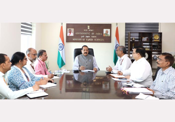 Union Minister Dr Jitendra Singh convening a high- level meeting of senior officials of Indian Meteorological Department (IMD) at New Delhi on Monday.