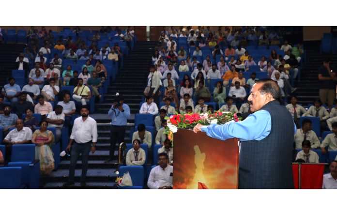 Union Minister Dr Jitendra Singh, as chief guest, addressing the 'Kargil Vijay Diwas' programme at Dr Ambedkar International Centre, New Delhi on Friday.