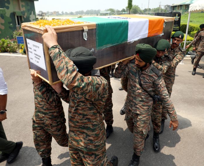 Wreath laying ceremony of Lance Naik Subhash Chander at Air Force Station in Jammu. -Excelsior/Rakesh