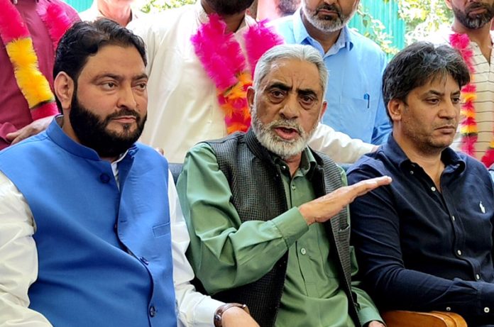 PDP general secretary Ghulam Nabi Lone Hanjura during a press conference in Srinagar on Thursday. —Excelsior/Shakeel