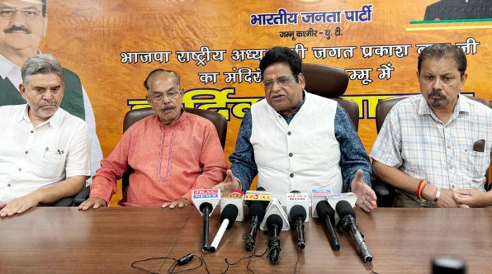 Senior BJP leader, Chander Mohan Sharma addressing a press conference at Jammu on Saturday.