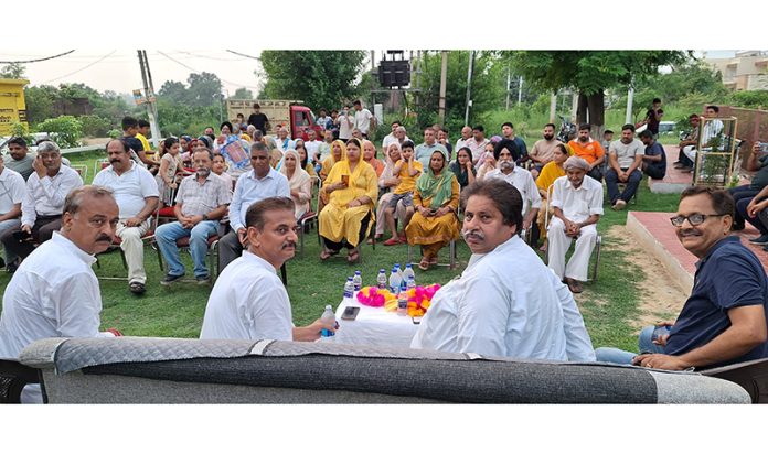 JKPCC working president, Raman Bhalla addressing workers’ meeting in Greater Kailash area of Jammu on Sunday.