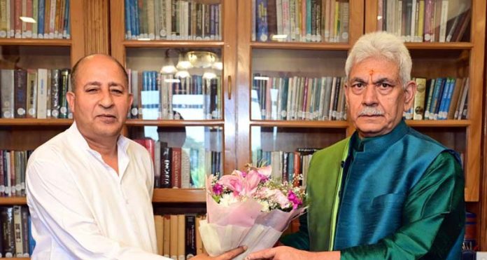 Lt Governor Manoj Sinha meeting with GM Shaheen, president JDU at Raj Bhawan on Friday.