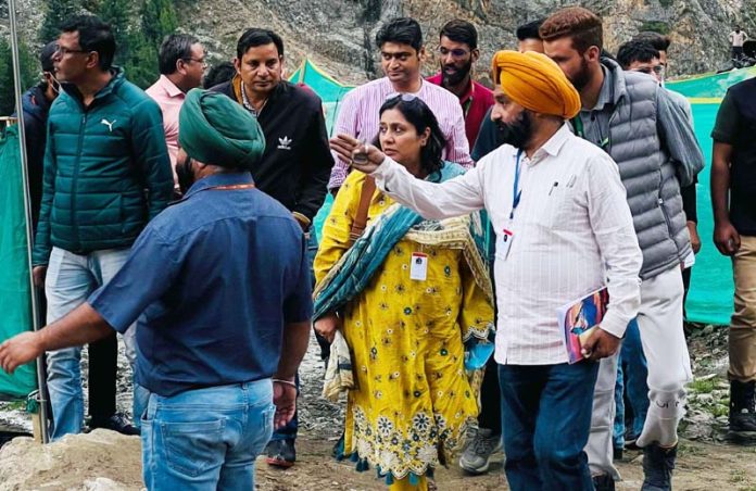 DG Rural Sanitation, Anoo Malhotra reviewing sanitation arrangements at Baltal base camp on Friday.