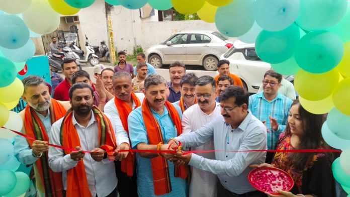 MP Jugal Kishore Sharma inaugurating mobile accessories showroom at Jammu on Friday.