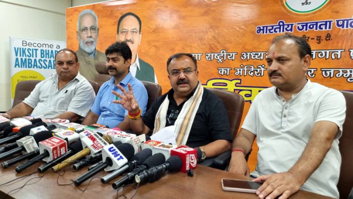 BJP senior leader and former MLC, Vikram Randhawa at a press conference at Jammu on Saturday.