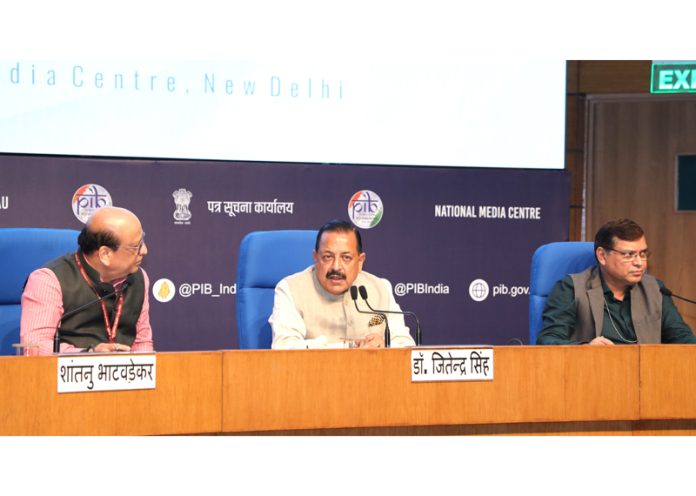 Union Minister Dr Jitendra Singh addressing the Curtain Raiser media interaction on the eve of 1st National Space Day at National Media Centre, New Delhi on Wednesday.