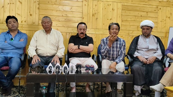 LAB leaders and Sonam Wangchuk addressing a press conference in Leh on Saturday.