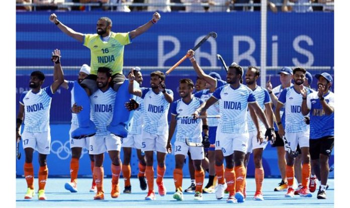 Indian hockey team in jubilant mood after winning bronze medal in Paris Olympics on Thursday.