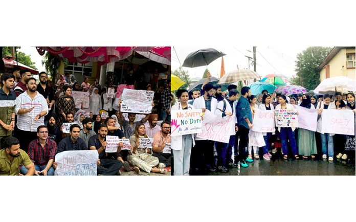 Doctors staging protest at ASCOMS Jammu (left) and GMC Srinagar (right) on Saturday.