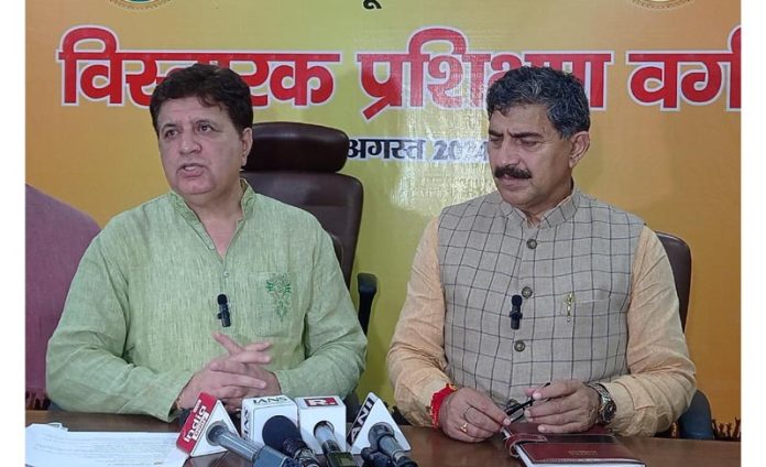 MP Jugal Kishore Sharma and BJP Chief Spokesperson Sunil Sethi talking to media persons on Monday.