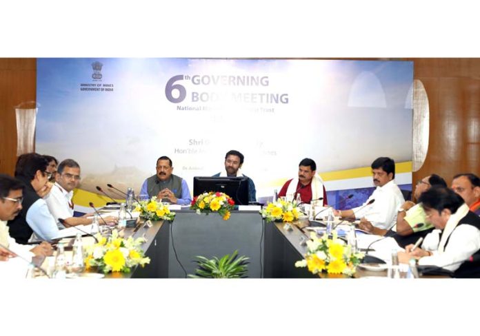 Union Minister Dr Jitendra Singh flanked by Mining Minister G. Kishan Reddy, speaking at the Inter-Ministerial meeting of NMET at New Delhi on Monday.