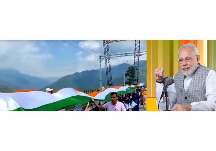 PM Narendra Modi addressing ‘Mann Ki Baat’ radio programme (right) and Tiranga Rally taken out on Chenab Railway bridge ahead of Independence Day (left).