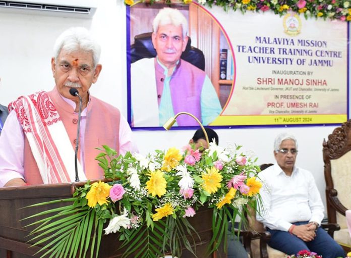 LG Manoj Sinha addressing a programme in University of Jammu on Sunday.