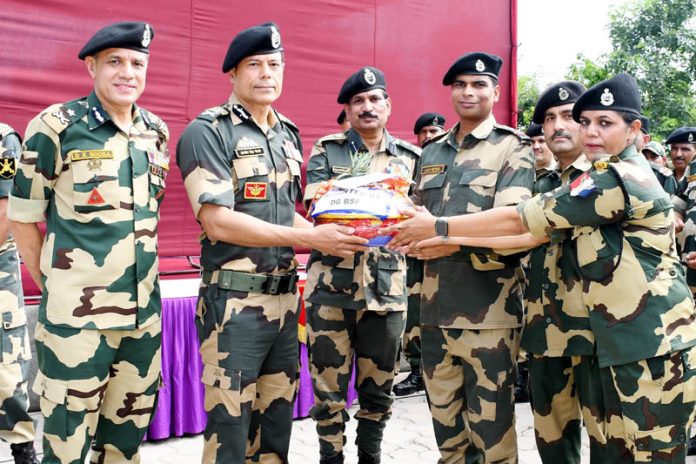 DG BSF Daljit Singh Chawdhary flanked by senior officers attending a ‘Sainik Sammelan’ during his visit to the Jammu Frontier, on Thursday.