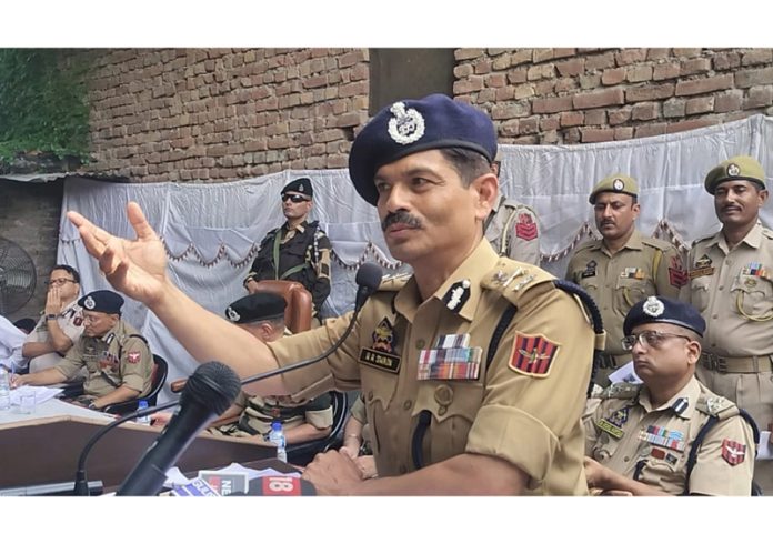 DGP RR Swain addressing media persons at HS Rajpura in Samba district on Sunday. —Excelsior/Sambyal