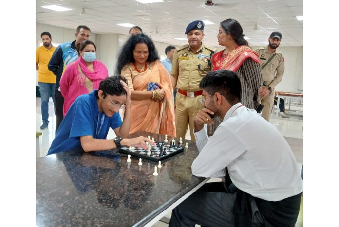 Chairperson JKPWWA Prof Roshmita Das Swain keenly watching Chess game at JK Police Public School Bemina on Saturday.