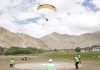 Paraglider landing during Pre-Paragliding Accuracy World Cup event at Leh.