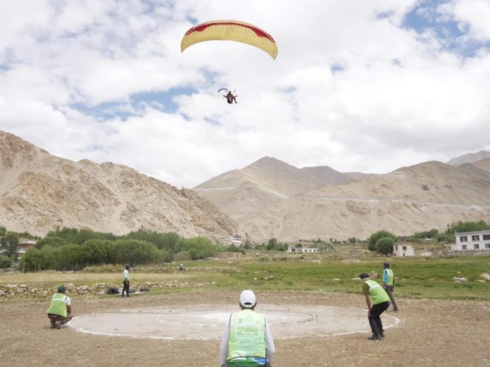 Paraglider landing during Pre-Paragliding Accuracy World Cup event at Leh.