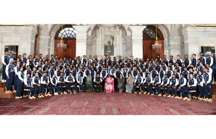 President Droupadi Murmu alongwith Indian Olympics contingent posing for a group photograph at New Delhi.