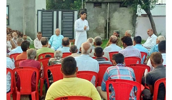 Senior Youth Cong leader, Uday Chib addressing public meeting at Nardani in Jammu North on Thursday.