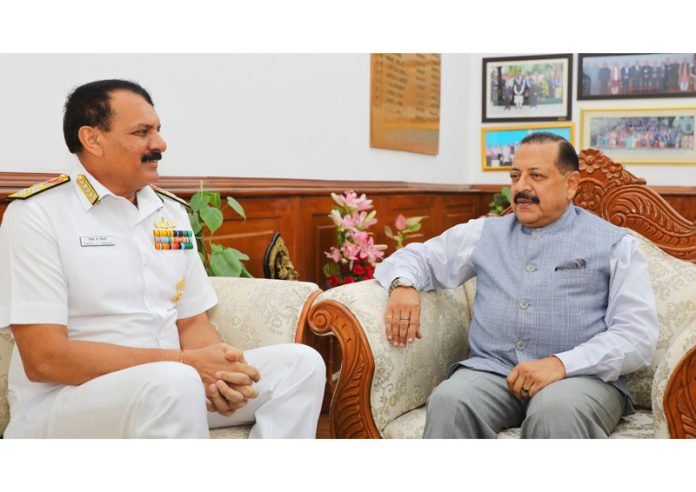 Chief of Naval Staff, Admiral Dinesh Kumar Tripathi calling on Union Minister Dr Jitendra Singh at North Block on Tuesday. 