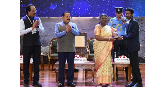 President Droupadi Murmu at the first National Space Day celebration at Bharat Mandapam in New Delhi on Friday. (UNI)