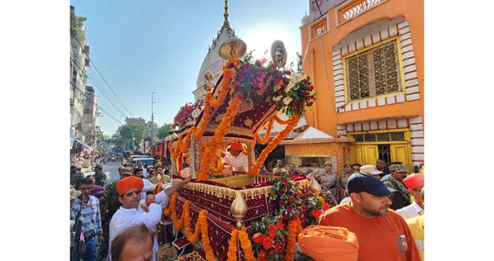 Impressive Shobha Yatra being taken out in Jammu City on Saturday.