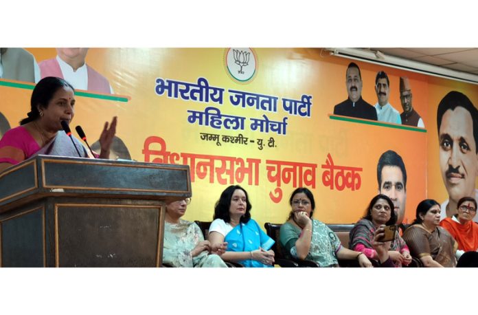 National president BJP Mahila Morcha Vanathi Srinivasan addressing a meeting of party’s Mahila Morcha at Jammu on Sunday.