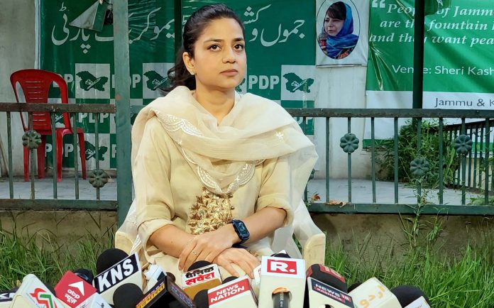 Iltija Mufti, Media Advisor to PDP President, during a press conference in Srinagar on Friday. -Excelsior/Shakeel