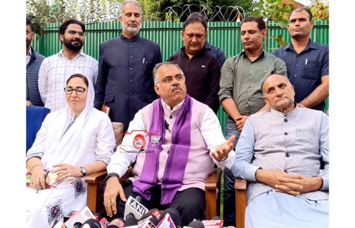 BJP's National general secretary, Tarun Chugh during a press conference in Srinagar on Saturday. -Excelsior/Shakeel