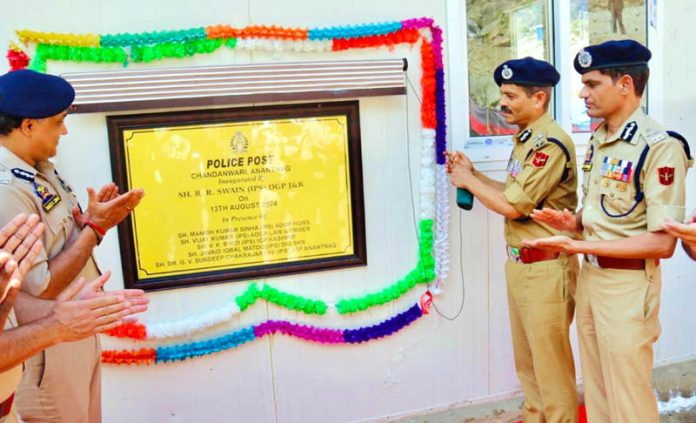 DGP RR Swain inaugurating a Police Post in Chandanwari area of Pahalgam on Tuesday.