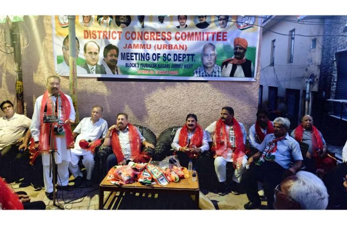 Senior Congress leaders during a party meeting at Subhash Nagar, Jammu on Sunday.