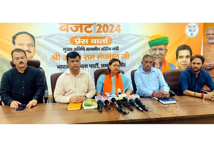 BJP leader Rekha Mahajan addressing media persons in Jammu on Saturday.