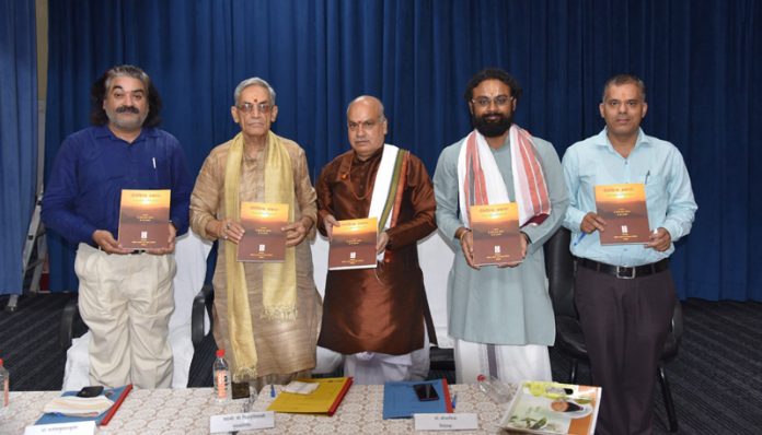 Dignitaries during the celebration of the Sanskrit Week at Central Sanskrit University in Jammu on Friday.