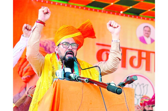 Former Union Minister Anurag Thakur addressing an election rally at Jammu on Thursday.