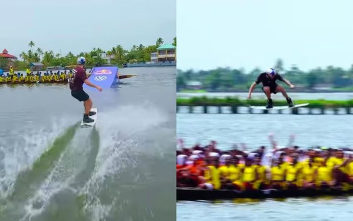 Austrian wakeboarder performs stunt in Kerala's Alappuzha