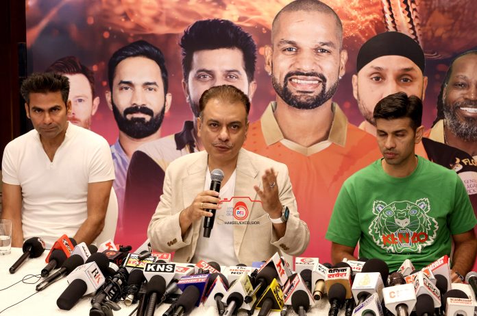 LLC Co-Founder, Raman Raheja, Mohammed Kaif and Naman Ojha addressing media at Srinagar. —Excelsior/Shakeel