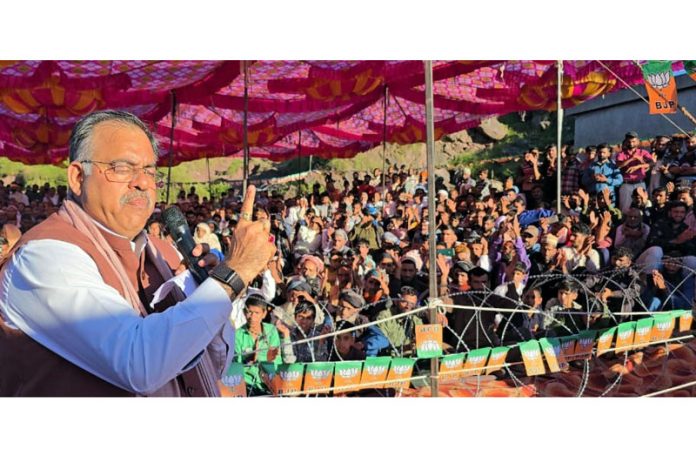 BJP national general secretary Tarun Chugh addressing a meeting in Budhal constituency on Friday.