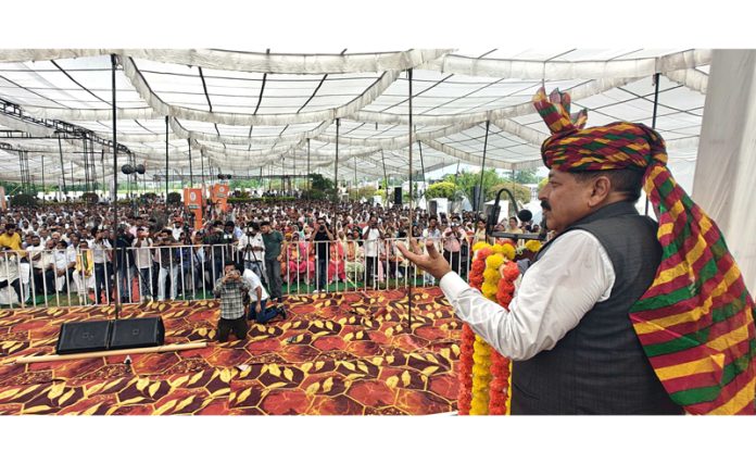 Union Minister Dr Jitendra Singh addressing a BJP election meeting at Hiranagar on Wednesday.